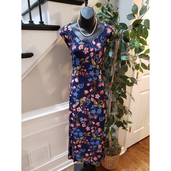 Woman Within Maxi Dress Women's Size 18/20 Blue Floral Chiffon Sleeveless V Neck - Picture 1 of 12